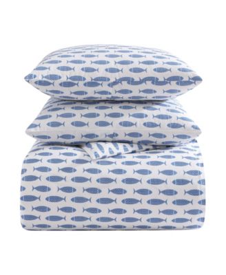 Woodblock Fish Percale 2-Pc. Duvet Cover Set, Twin