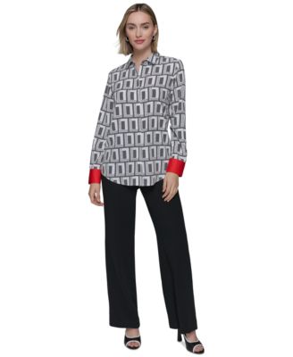 Женский топ с контрастным принтом на манжетах от КАРЛА ЛАГЕРФЕЛЬДА в ПАРИЖЕ