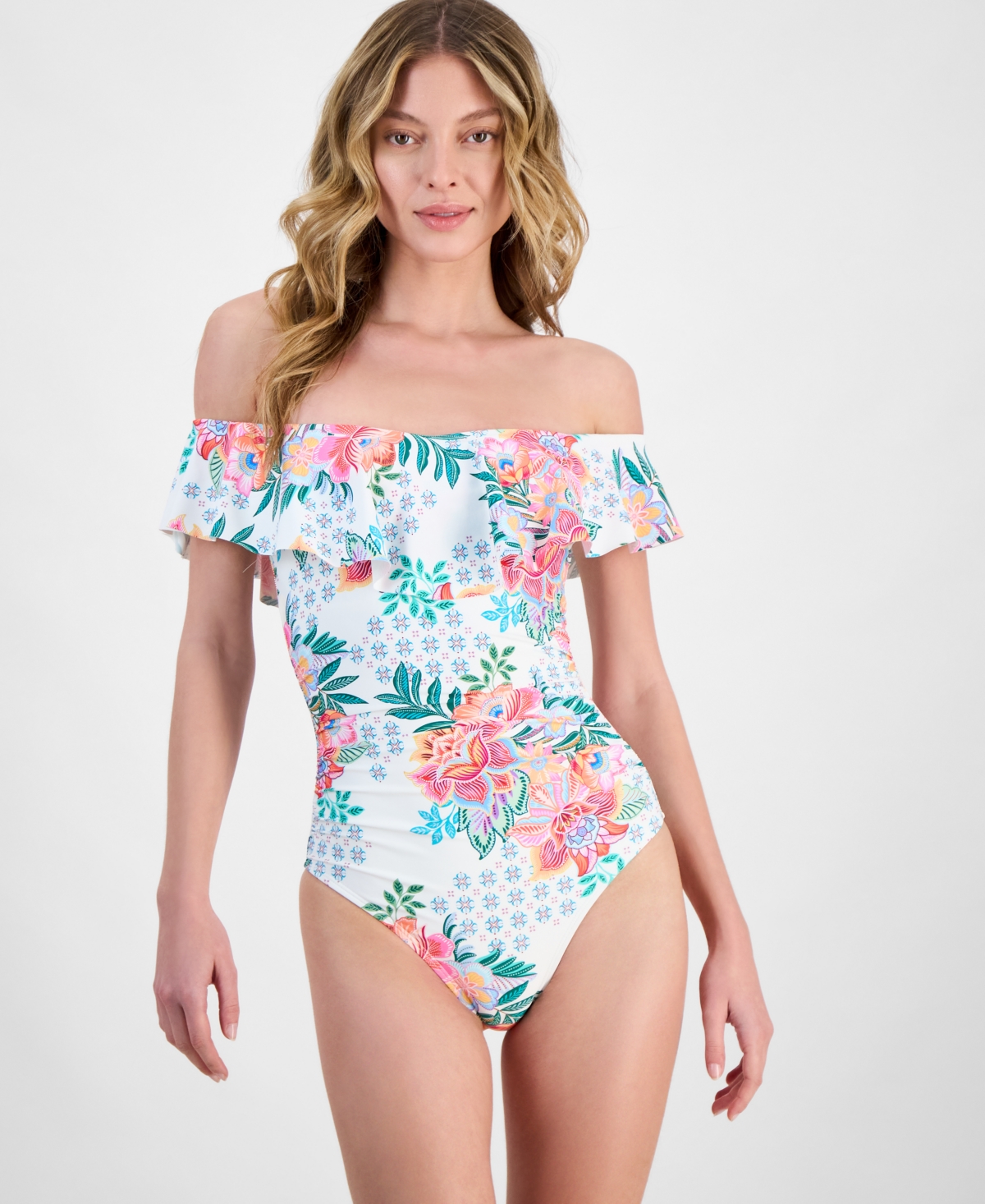Shop La Blanca Women's Riveria Resort Printed Off The Shoulder One-piece Swimsuit, Exclusively At Macy's In White