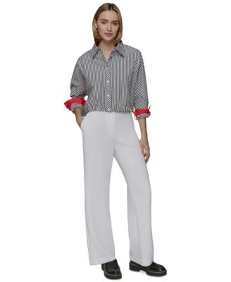 Женский хлопковый топ в полоску с контрастным воротником-стойкой и пуговицами спереди от KARL LAGERFELD PARIS из хлопка