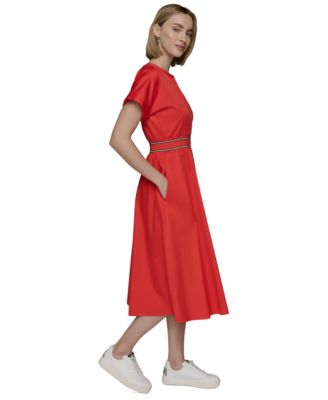 Женское хлопковое платье миди с коротким рукавом и пуговицами спереди от KARL LAGERFELD PARIS из хлопка для женщин