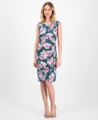 Connected - Women's Printed Gathered Cap-Sleeve Sheath Dress