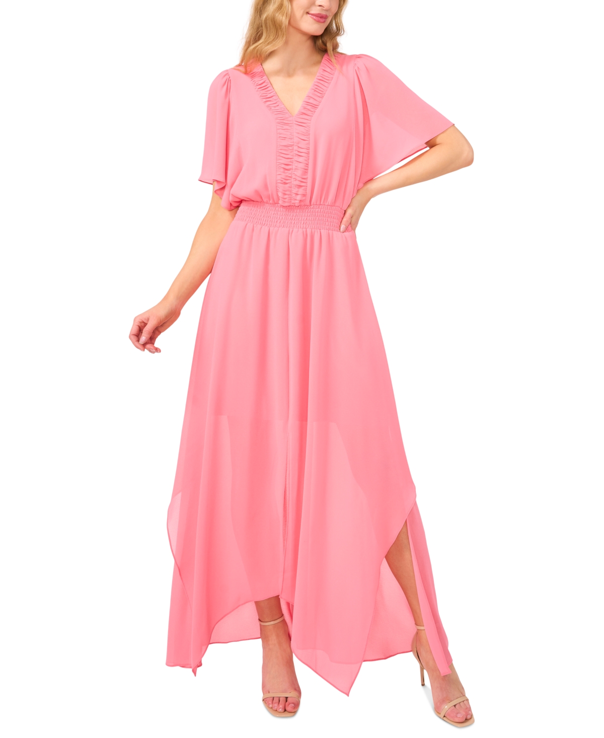 Women's Flutter-Sleeve Ruched V-Neck Smocked-Waist Maxi Dress - Confetti Pink