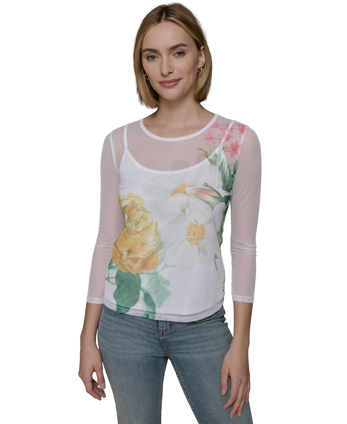Shop Karl Lagerfeld Women's Sheer Floral 3/4-sleeve Top In Soft White