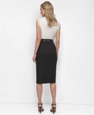 DKNY Women's Plaid Belted Pencil Skirt - High Waist Elastic Midi Skirt, 22 Inch Length