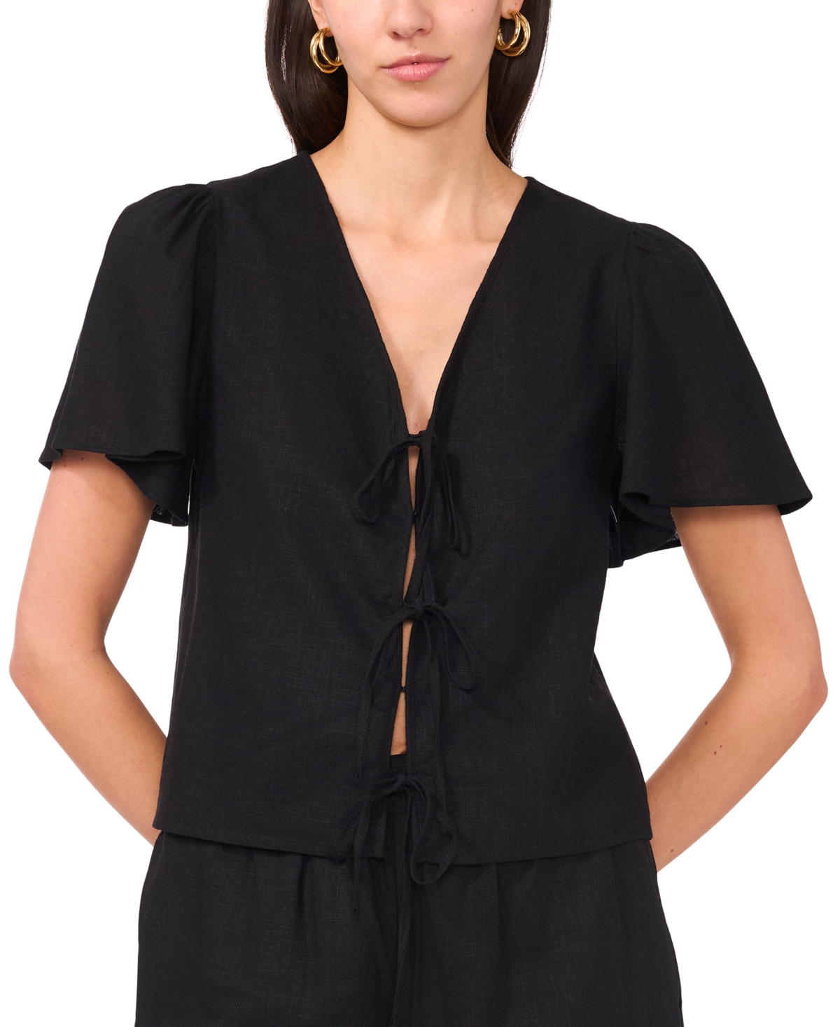 1.state Short Sleeve Tie Front Top In Rich Black