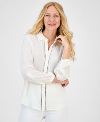 JM Collection - Women's Solid-Color Embellished Button Blouse