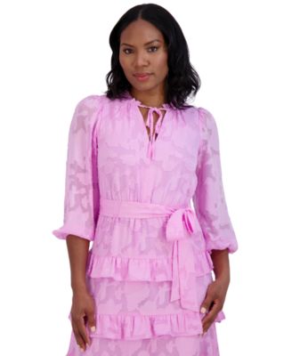 Women's V-Neck Tiered Ruffle-Trim Tie-Waist Dress