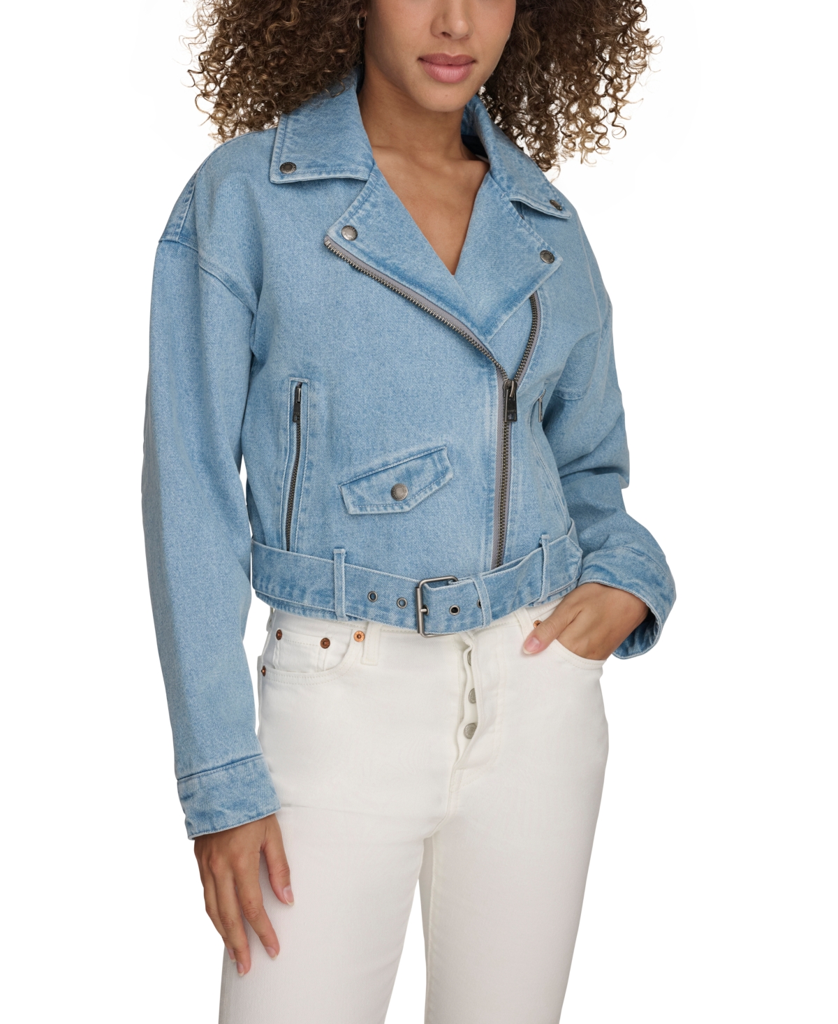 Women's Cropped Denim Moto Jacket - Lt Wash De