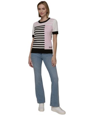 Женский свитер с короткими рукавами в геометрическую клетку от КАРЛА ЛАГЕРФЕЛЬДА в ПАРИЖЕ