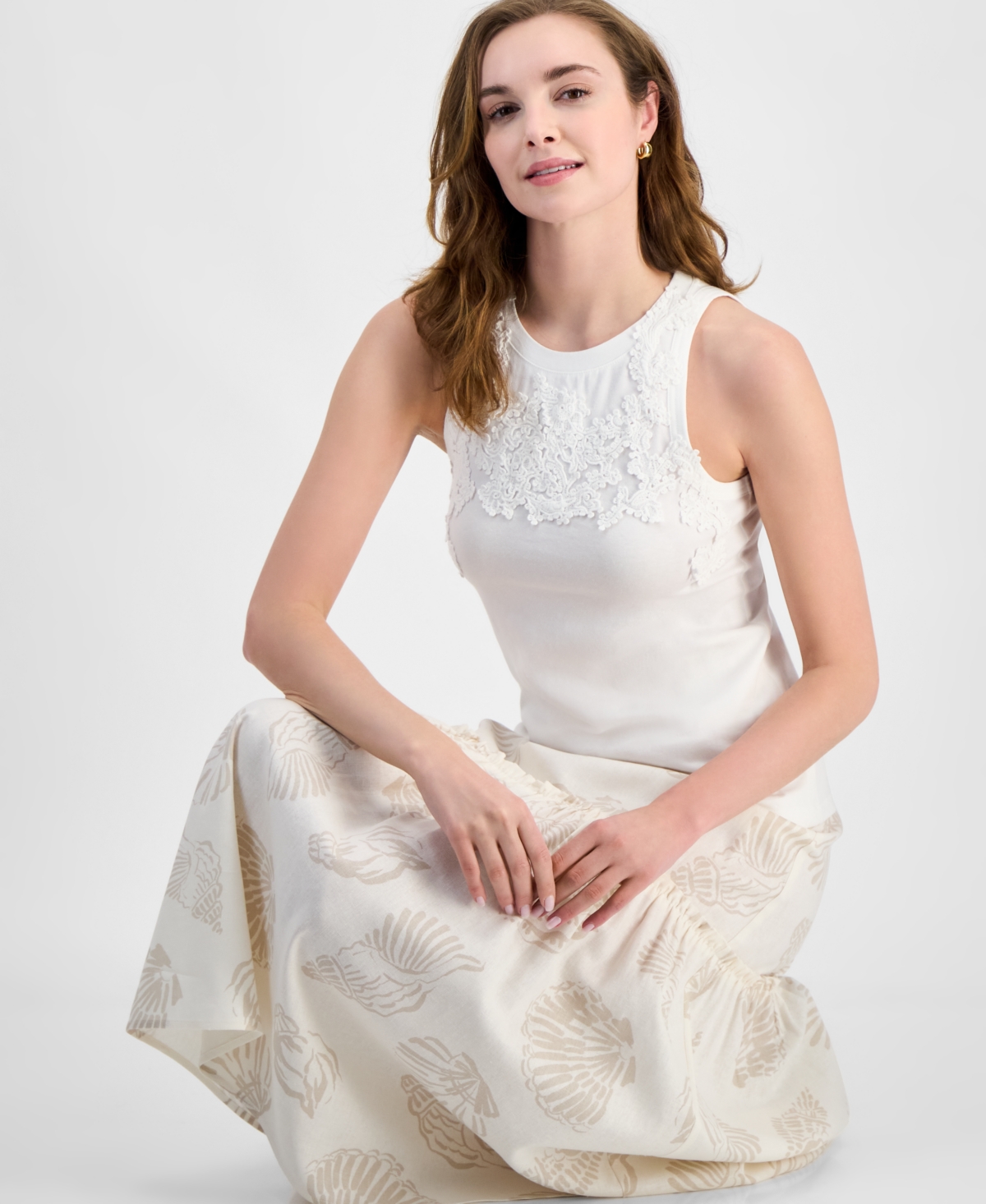 Jones New York Womens Cutaway Applique Tank Top Tiered Maxi Skirt In Nyc White