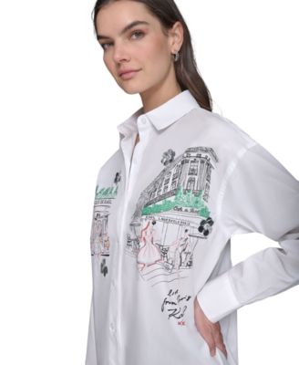 売れ筋商品|||カールラガーフェルド カットソー トップス レディース Women's Cotton Crop Paris Scene Button-Front Top Soft White Chambray Blue Multi KARL LAGERFELD PARIS Women's Cotton Crop Paris Scene Button