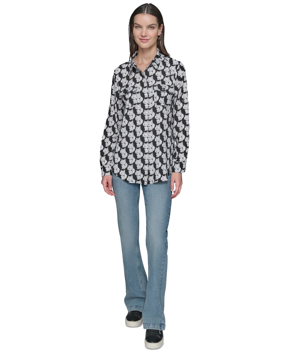 KARL LAGERFELD WOMEN'S MOTIF ROLL-TAB-SLEEVE BUTTON-FRONT TOP 