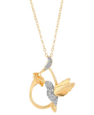 Macy's - Diamond Hummingbird & Flower Pendant Necklace (1/10 ct. t.w.) in 14k Gold-Plated Sterling Silver, 16" + 2" extender