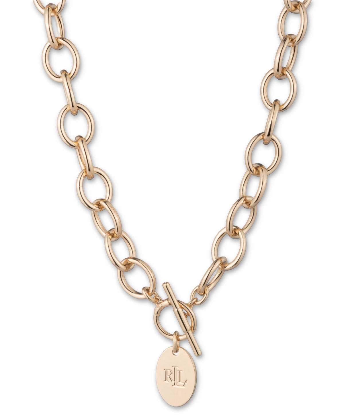 Ralph Lauren Gold-tone Polished Link Logo Disc 17" Toggle Necklace In Gold