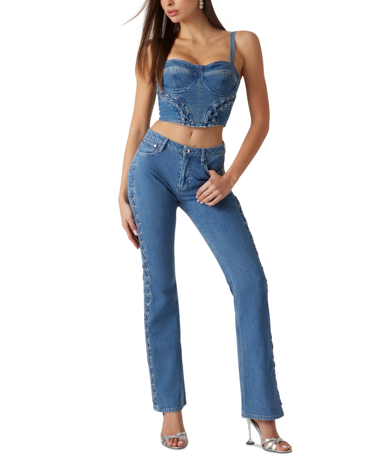 Women's Mid-Rise Lace-Up Fare-Leg Jeans - LACE UP BLUE