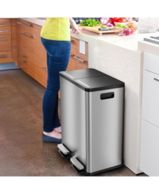 SoftStep 16 Gallon Stainless Steel Dual Compartment Combo Step Pedal Trash Can and Recycle Bin with Dual Odor Filters and Color-Coded Removable Inner Buckets for Home, Office, Kitchen, 60 Liter