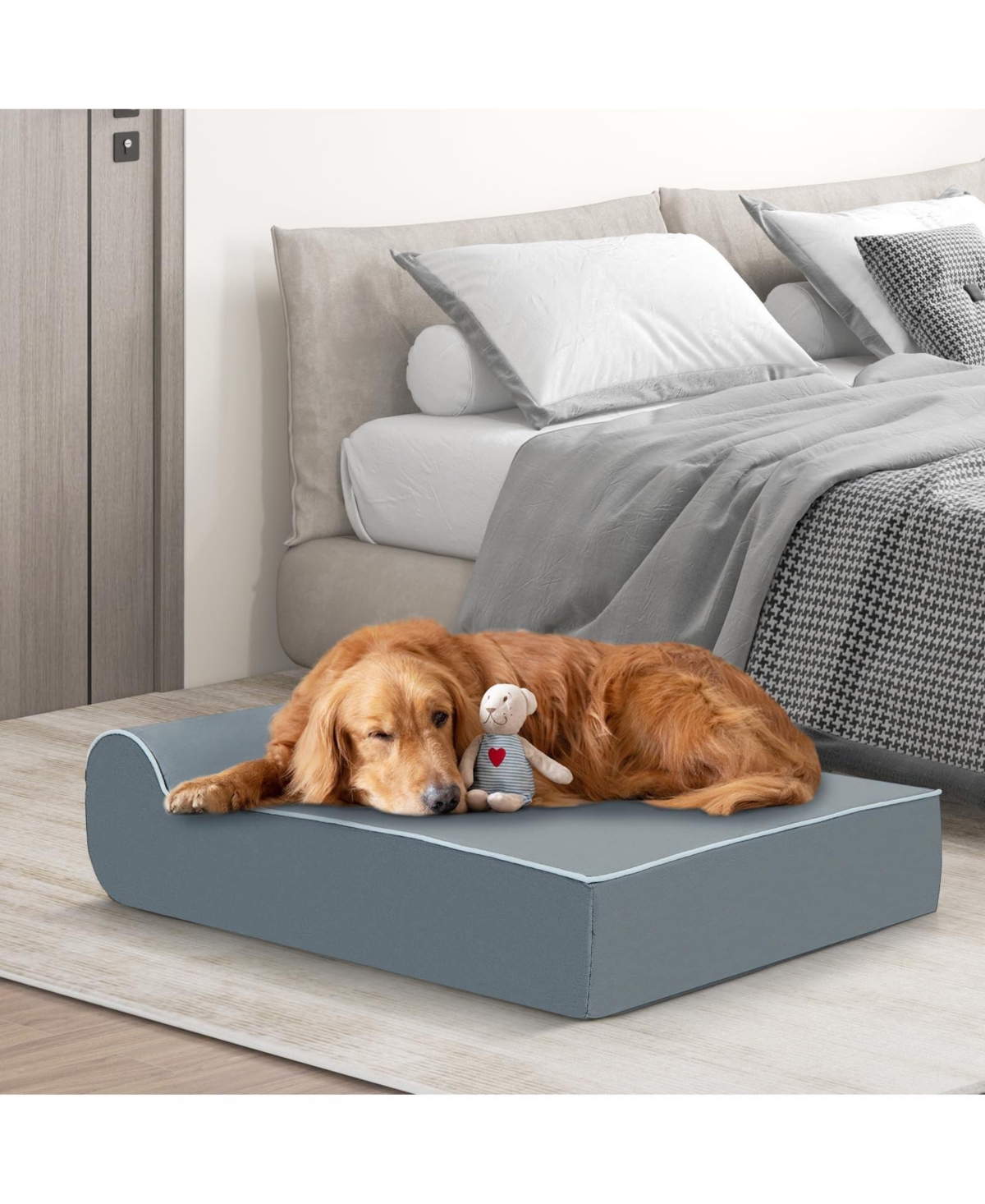 Orthopedic Dog Bed with Headrest and Removable Washable Cover-Grey - Grey