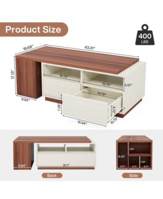 Coffee Table, Extendable Coffee Table with 2 Drawers and Storage Shelves, Rectangular Wooden Center Table with Reversible Tabletop for Living Room (White & Walnut