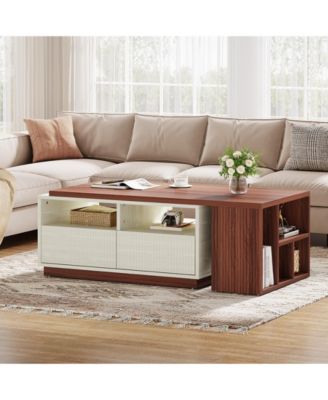 Coffee Table, Extendable Coffee Table with 2 Drawers and Storage Shelves, Rectangular Wooden Center Table with Reversible Tabletop for Living Room (White & Walnut