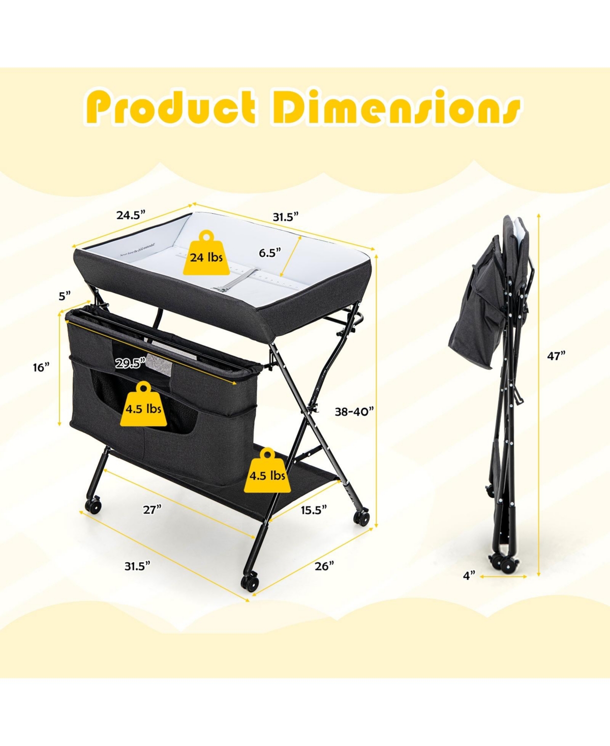Gouun Portable Adjustable Height Newborn Nursery Organizer with Wheel