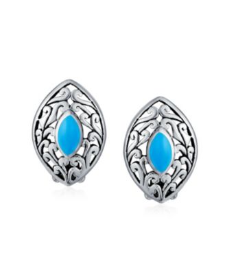 Western Filigree Marquise Blue Turquoise Clip-On Earrings Non-Pierced Sterling Silver