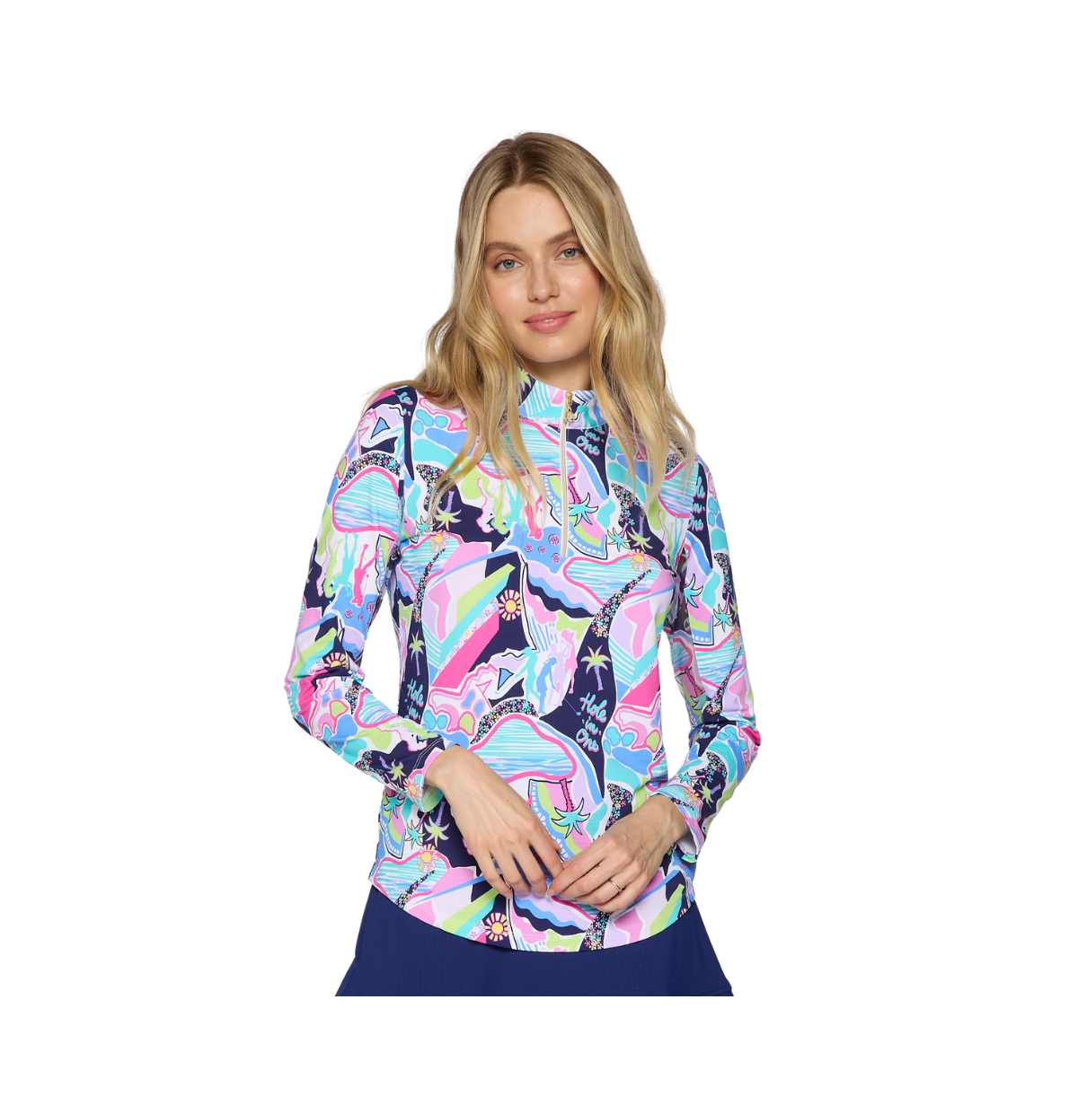 G Lifestyle Long Sleeve Mock Neck Top - Caribbean turquoise circle geo