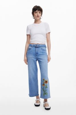 Дизайнерские женские джинсы-кюлоты с подсолнухом