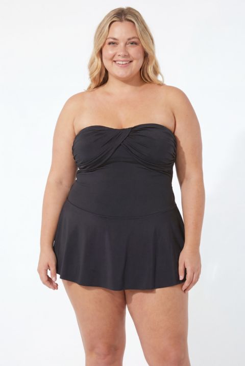 Купальник Skirted, бандо, с юбкой, со сборками — Swimsuits for All, цвет: Чёрный