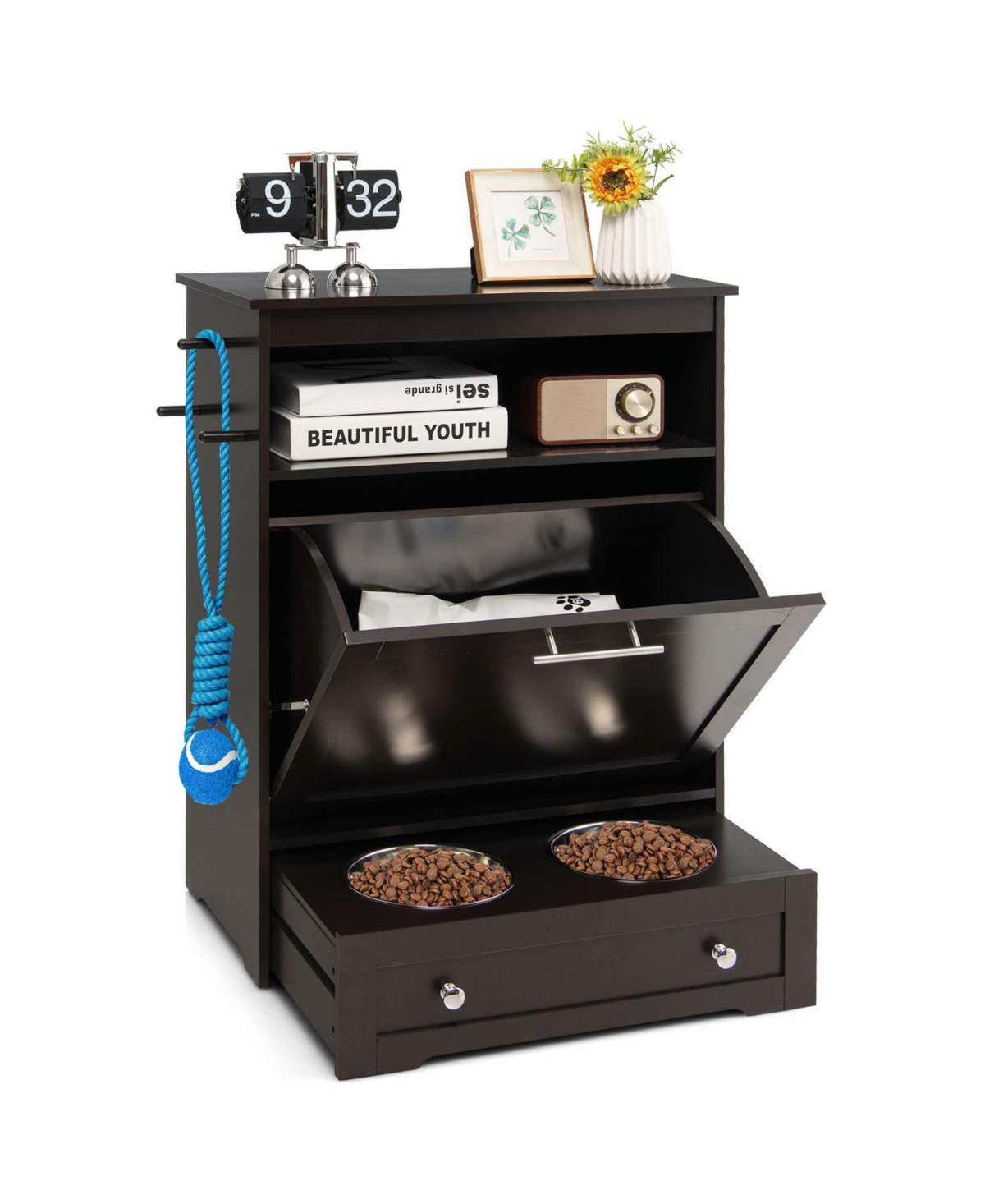 Pet Feeder Station with Stainless Steel Bowl - White