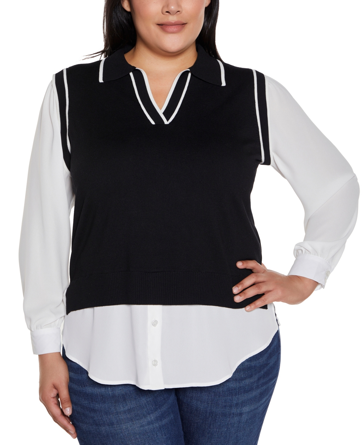 BELLDINI PLUS SIZE COLLARED SPLIT-NECK TWO-FER SWEATER 