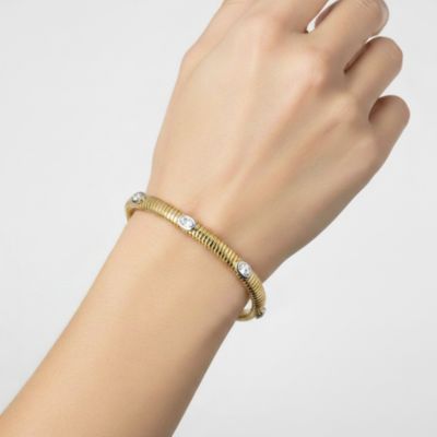 14K Gold Plated with Clear, Green, Red, or Blue Cubic Zirconia Bangle Bracelet