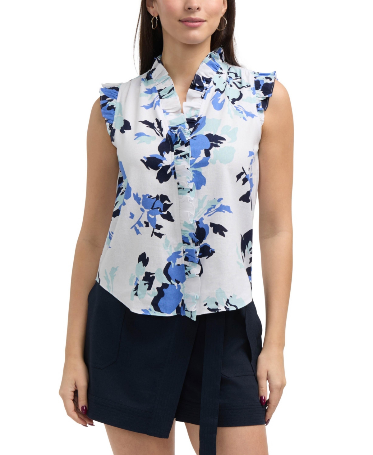 Women's Shirt with Ruffle Detail - Azure bouquet