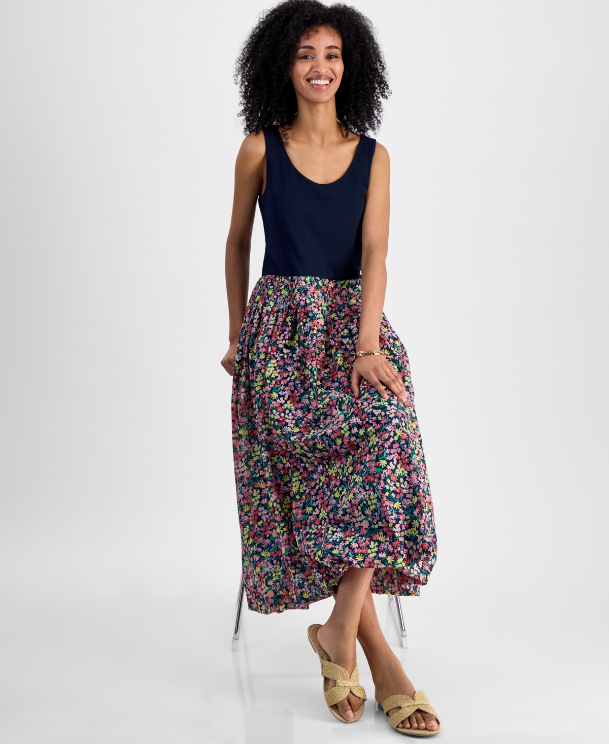 Tommy Hilfiger Plus Size Floral-print-skirt Sleeveless Dress In Sky Captain Multi