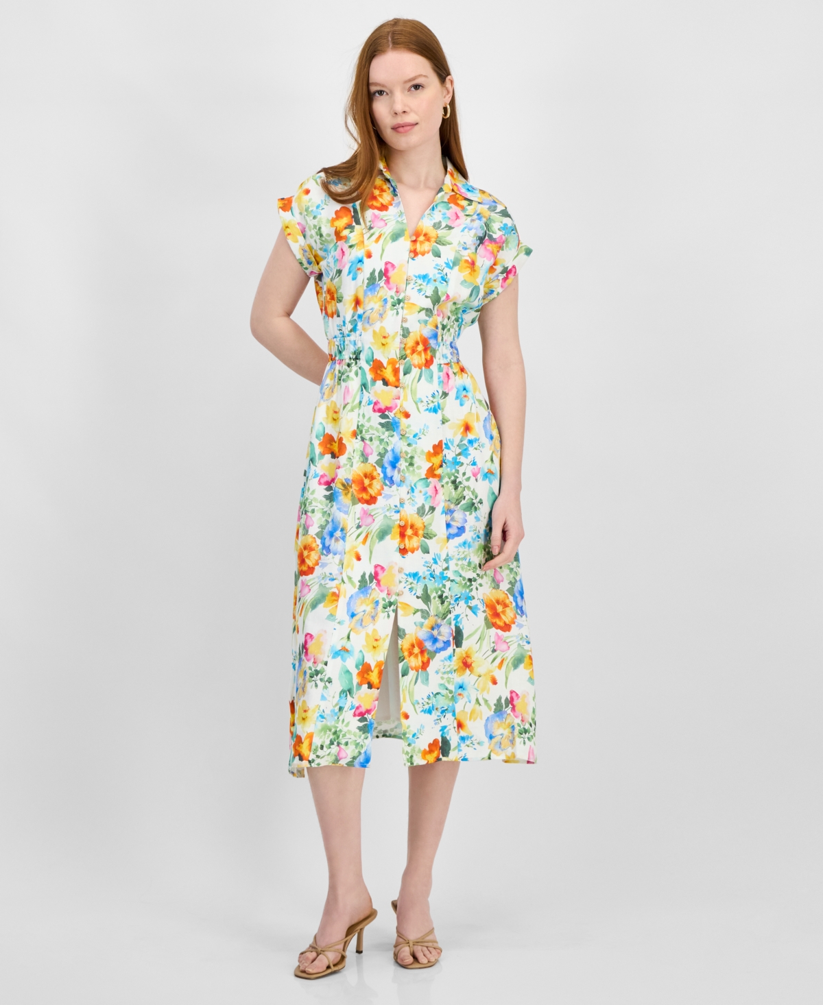 Women's Collared V-Neck Cap-Sleeve Midi Dress - Sky Garden Print