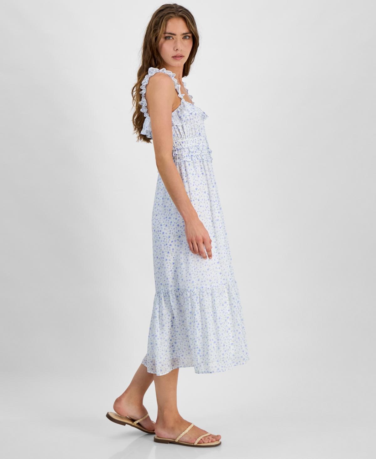 KINGSTON GREY JUNIORS' RUFFLED SQUARE-NECK SLEEVELESS MIDI DRESS 