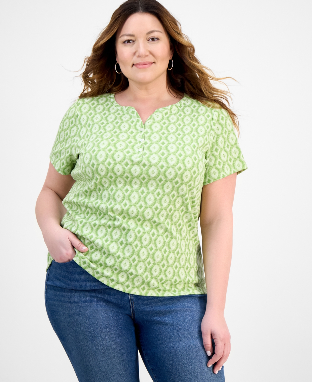 Plus Size Printed Henley T-Shirt, Exclusively at Macy's - Sassy Grass Combo