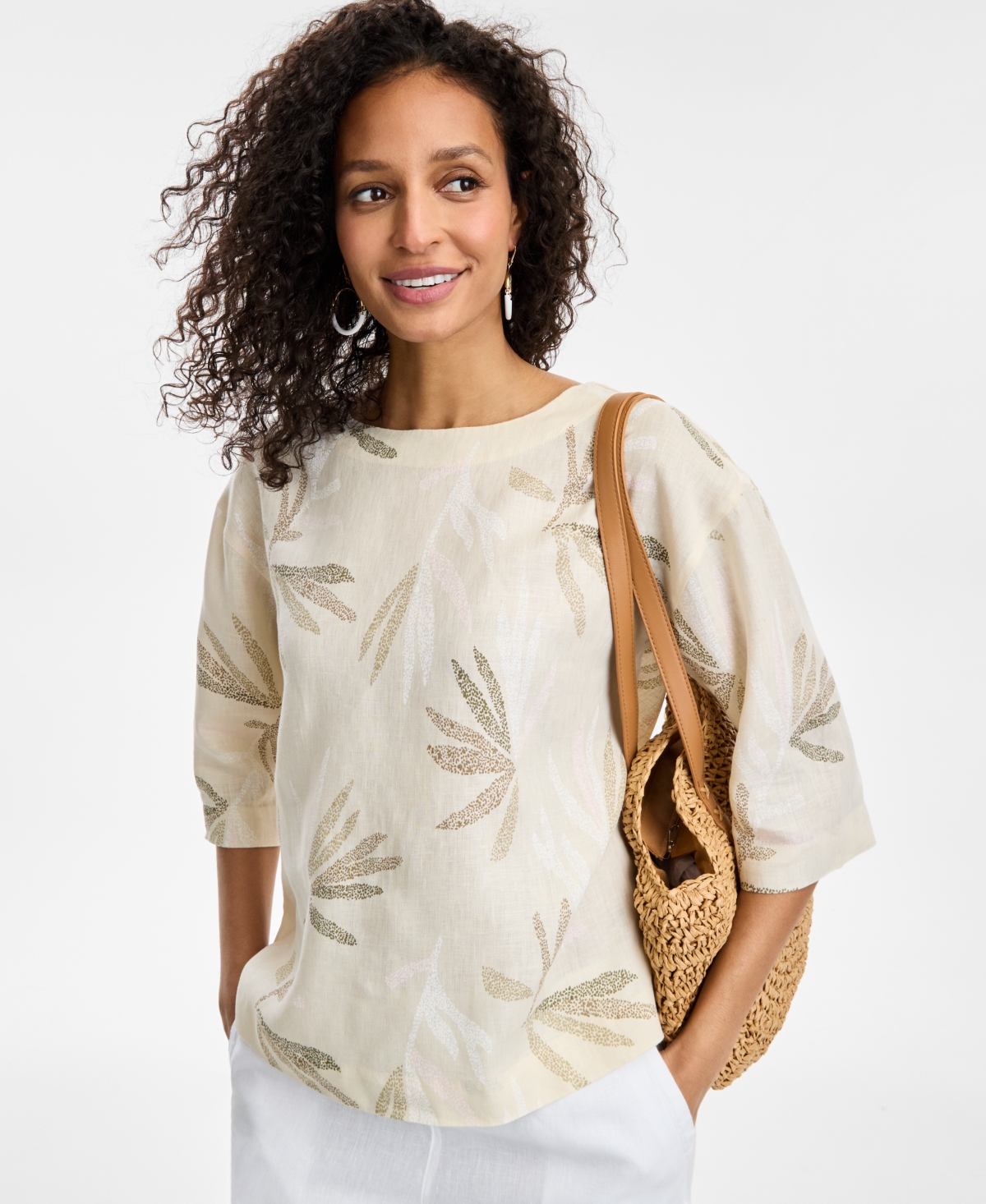CHARTER CLUB WOMEN'S PALM-PRINT 100% LINEN TOP, EXCLUSIVELY AT MACY'S 