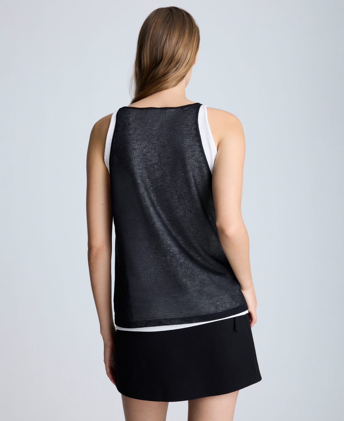 Kenneth Cole Double Layer Mixed Yarn Two-color Sheer Tank In Black,pure White