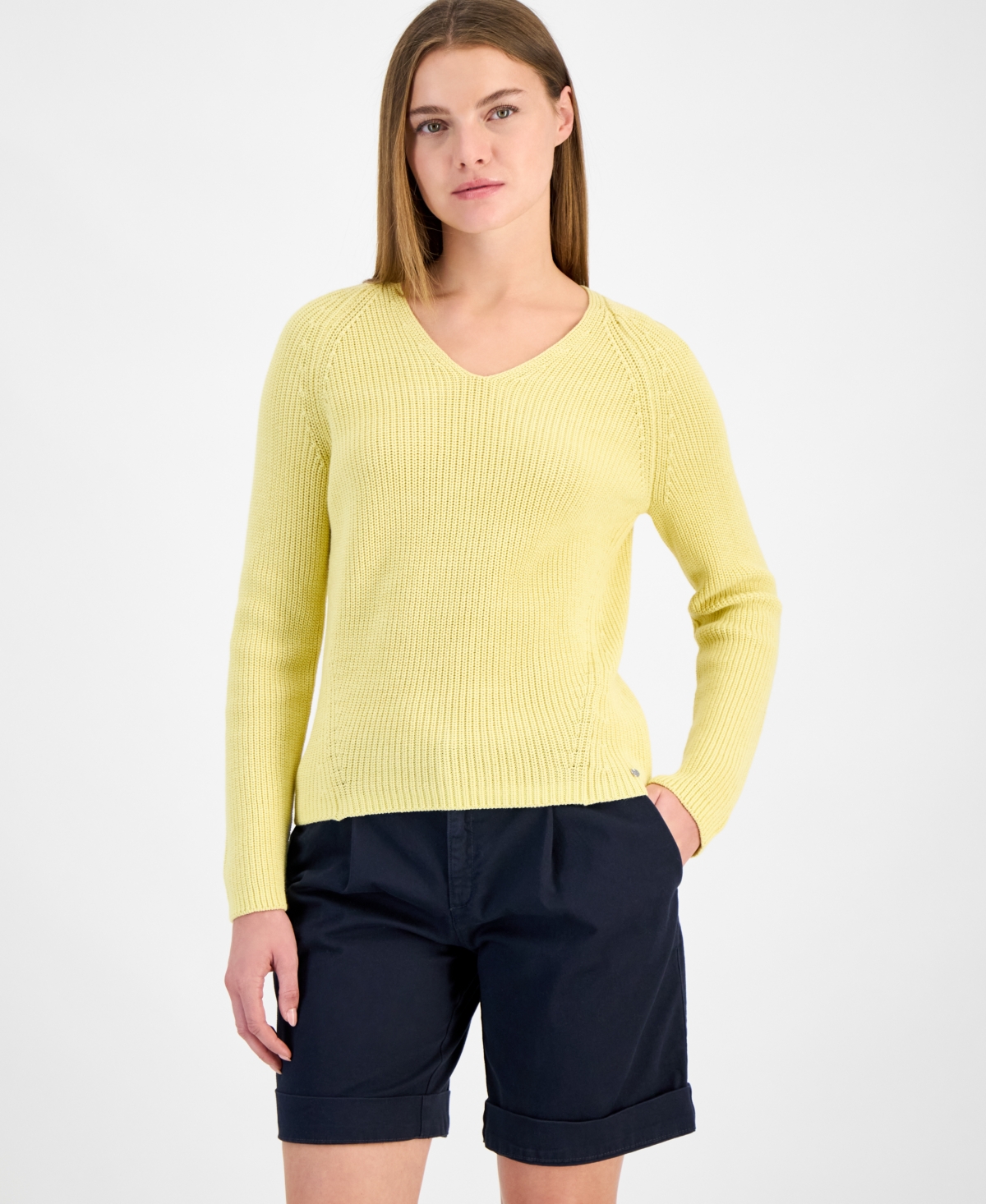 Women's V-Neck Long-Sleeve Cotton Sweater - Juicy Yellow
