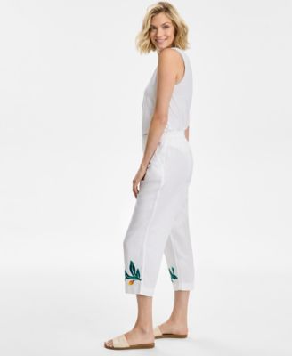 Женская вышитая туника-топ из 100% льна с рукавами 3/4 от Charter Club и вышитые брюки на завязках из 100% льна, эксклюзивно в Macy's