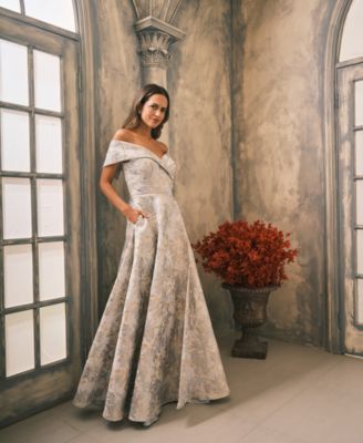 Petite Off-The-Shoulder Metallic Jacquard Gown
