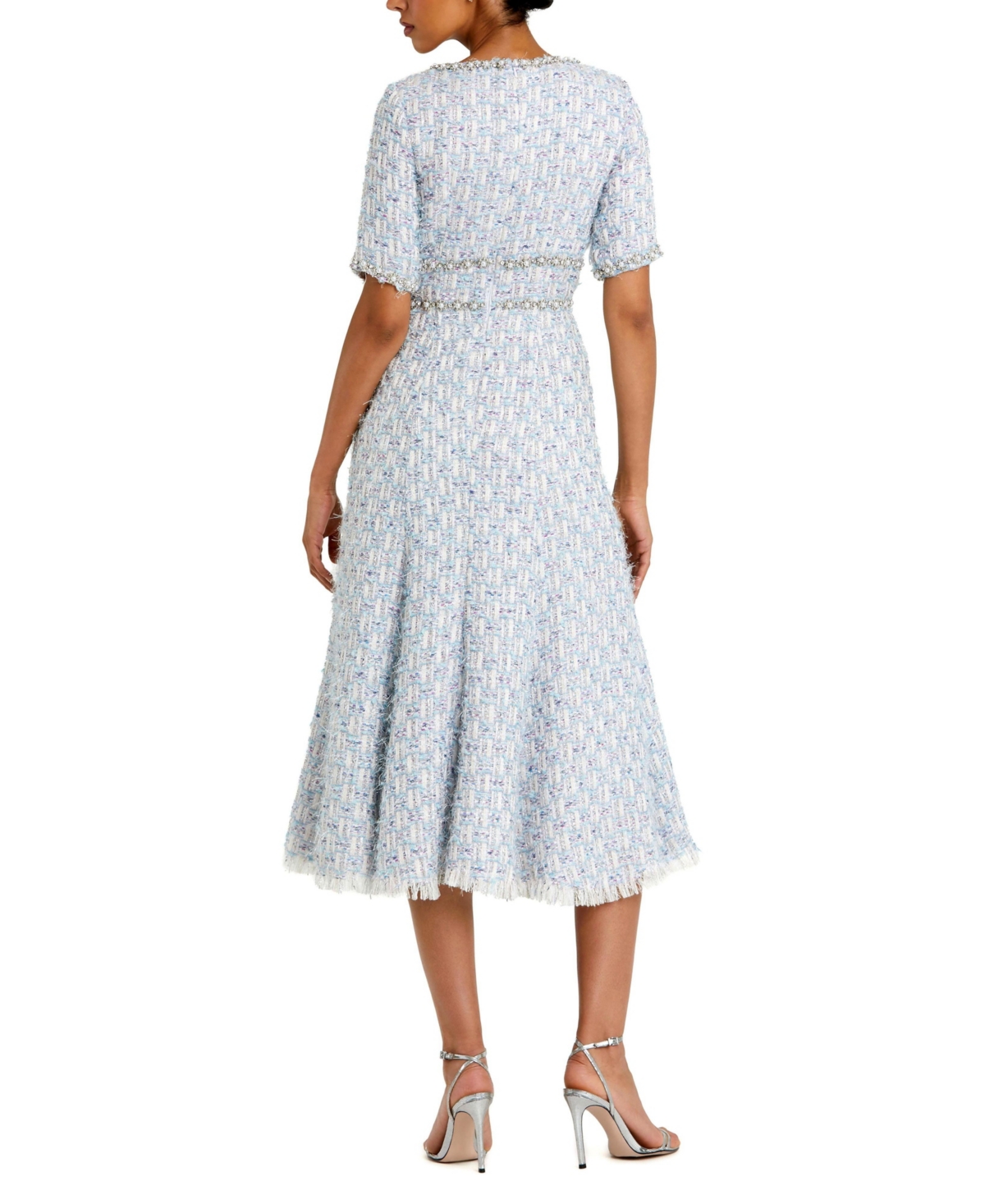 Mac Duggal Women's Short Sleeve Beaded Trim Boucle Midi Dress