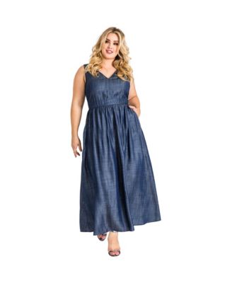Plus Size V-Neck A-Line Tencel Denim Maxi Dress