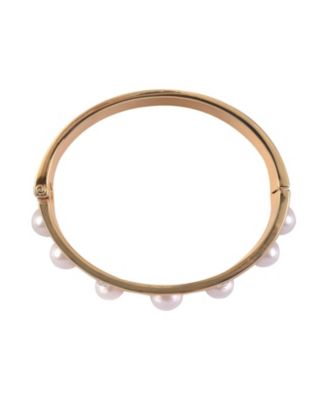 Gold Tone Hinge Bracelet with Crystal Stone and Pearl Accents