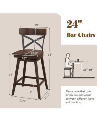 Set of 2 Wooden Swivel Bar Stools Counter Height Kitchen Chairs w/ Back