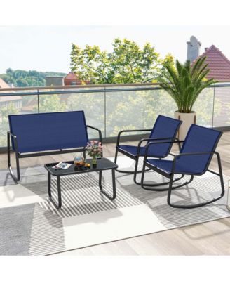 4 PCS Patio Rocking Set 2 Rocking Chairs & Loveseat with Glass-Top Table Outdoor