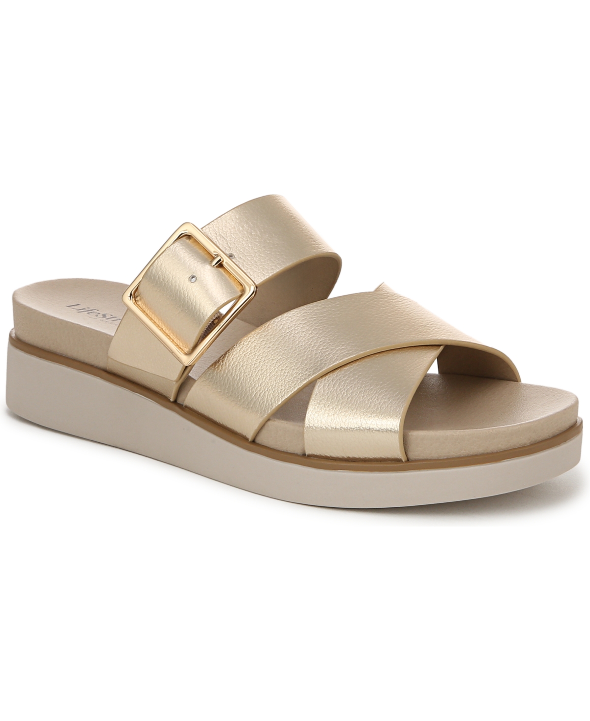 Shop Lifestride Women's Getaway Open Square Toe Platform Slide Sandals In Gold Faux Leather