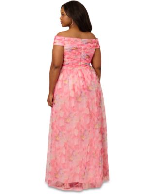 Plus Size Printed Tulle Off-the-Shoulder Gown 