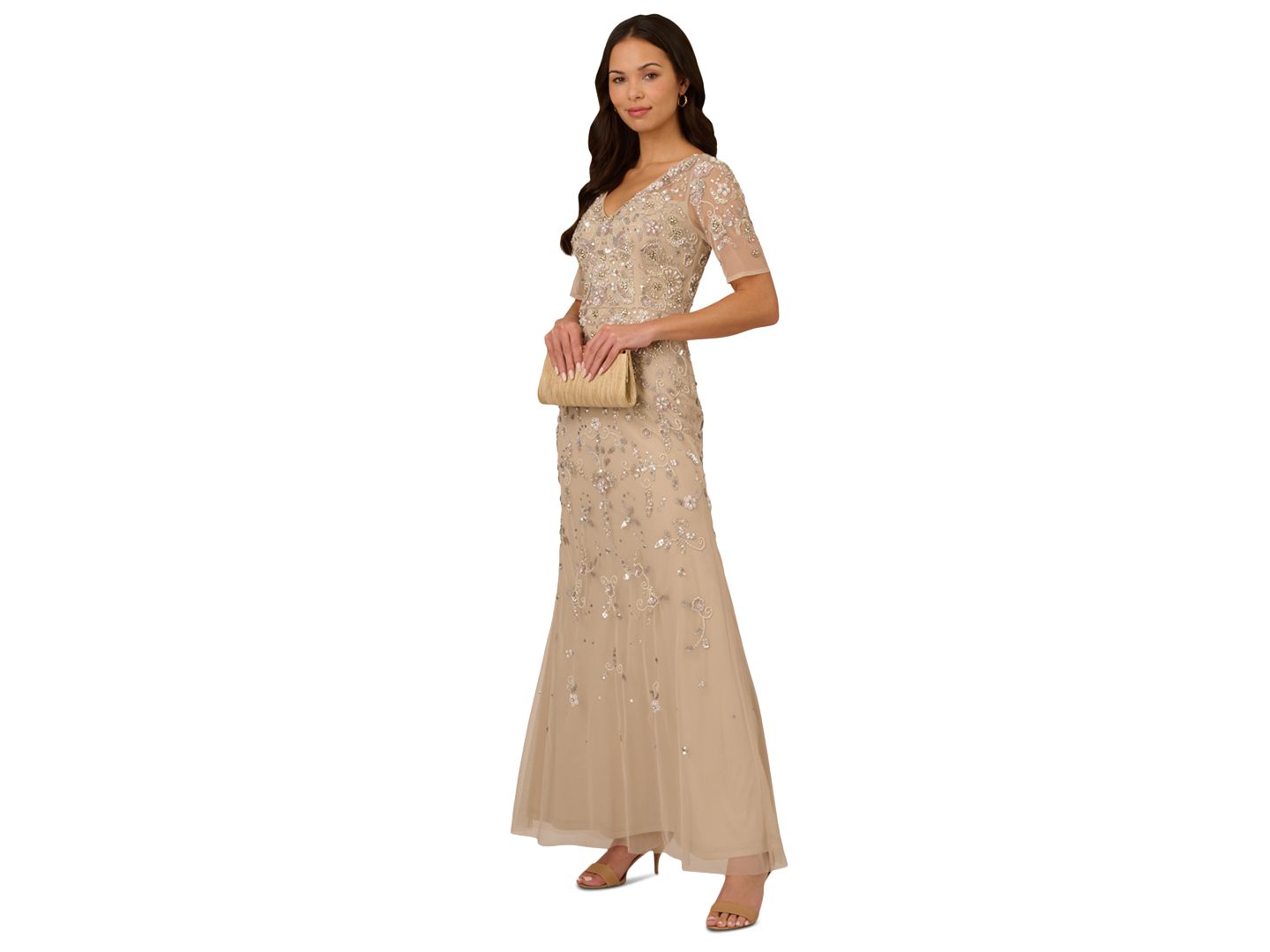 Женские платья Adrianna Papell V-Neck Beaded Short-Sleeve Mesh Gown, цвет: Biscotti — фото 1